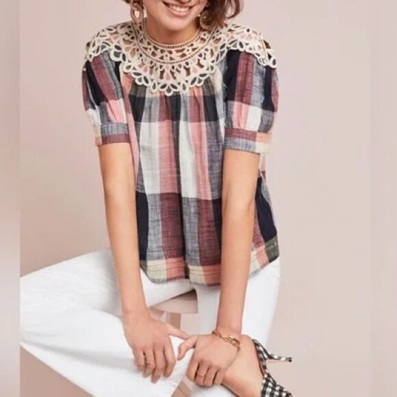 Anthropologie Tops - Anthropologie Plaid Boho Crochet Embroidered Swing Blouse Cottage Prairie XS